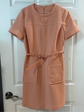 Peach Short Sleeve Belted Mini Dress with Patch Pockets